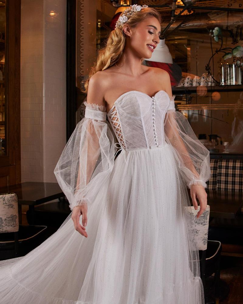 La22244 glitter tulle wedding dress with off the shoulder sleeves and sweetheart neckline3